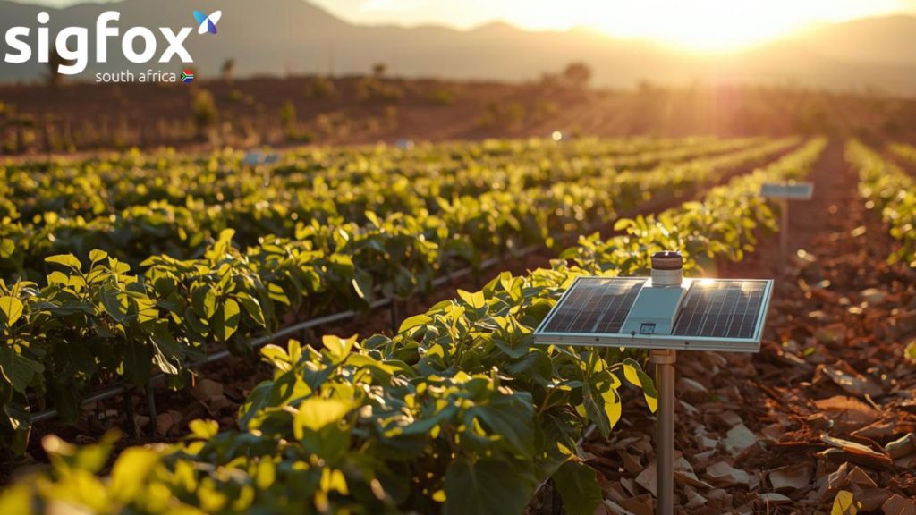 Solar‑powered monitoring devices mounted on poles in a cultivated agricultural field with rows of green crops at sunset, mountains in the distance, and the Sigfox South Africa logo in the left‑hand corner.