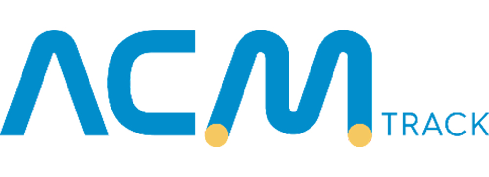 Blue ACM Trackers logo with the word “Track” in bold blue lettering, positioned next to the letters “ACM” in blue, which include two yellow dots at the bottom of the M.