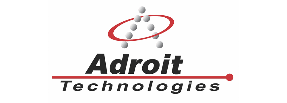Adroit Technologies logo with the word “Adroit” in bold black lettering, a red line underneath, the word “Technologies” in black beneath the line, and a stylized “A” above the text formed from white circles enclosed in a red circle.
