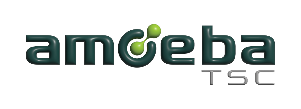 Logo for amoeba TSC with the word ‘amoeba’ in dark green rounded glossy letters the letter ‘o’ designed as two connected green spheres resembling a molecular structure and the letters ‘TSC’ in sleek metallic gray font positioned below and to the right.