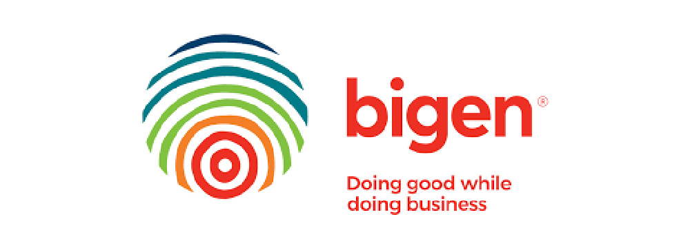 Logo for bigen featuring a multicolored fingerprint design with curved lines in dark blue, teal, green, orange, and red on the left, bold red lowercase text ‘bigen’ with a registered trademark symbol on the right, and the slogan ‘Doing good while doing business’ in red beneath.