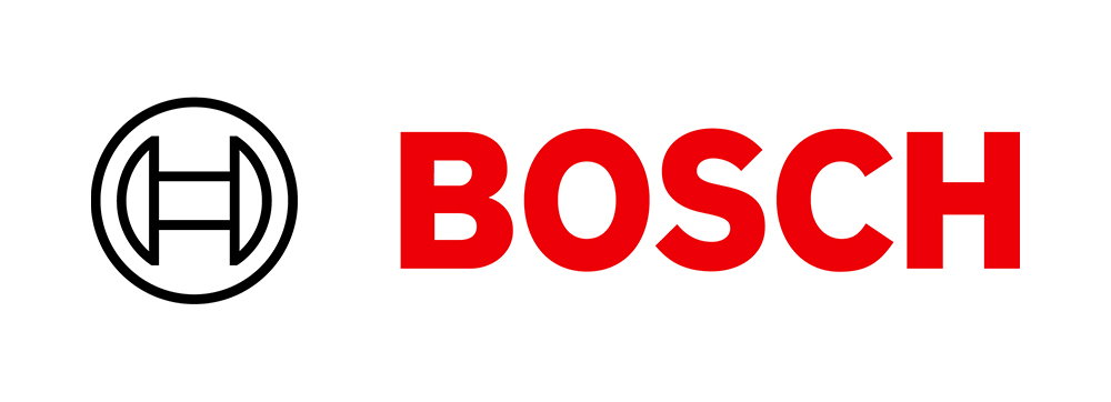 Bosch logo with the word “Bosch” in bold red capital letters, positioned to the right of a circular silver emblem featuring a stylized armature within a circle.