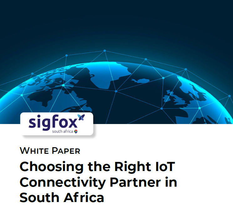White paper cover by Sigfox South Africa featuring stylized digital globe with interconnected nodes, titled 'WHITE PAPER – Choosing the Right IoT Connectivity Partner in South Africa' displayed below the Sigfox logo.