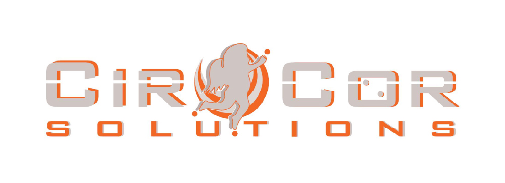 Logo for CIR COR SOLUTIONS with stylized grey and orange text, a central silhouette of a person juggling three balls integrated between ‘CIR’ and ‘COR,’ and the word ‘SOLUTIONS’ in bold orange uppercase letters beneath.