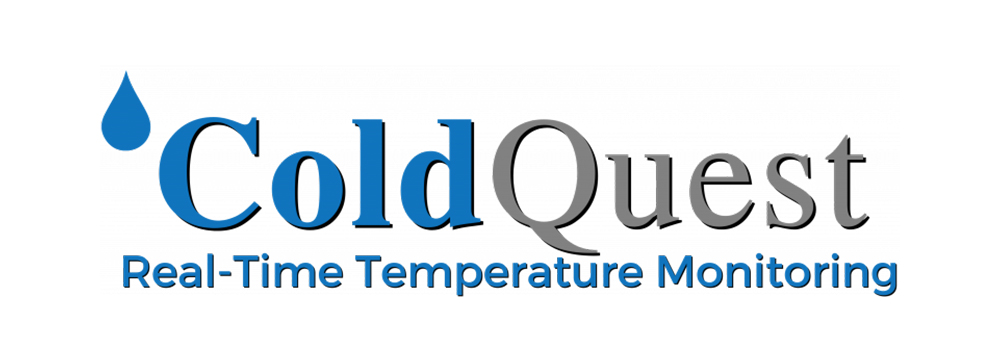 Cold Quest logo with the word “Cold” in blue and “Quest” in grey bold lettering, the tagline “Real Time Temperature Monitoring” in blue beneath, and a simple drop‑shaped emblem above.