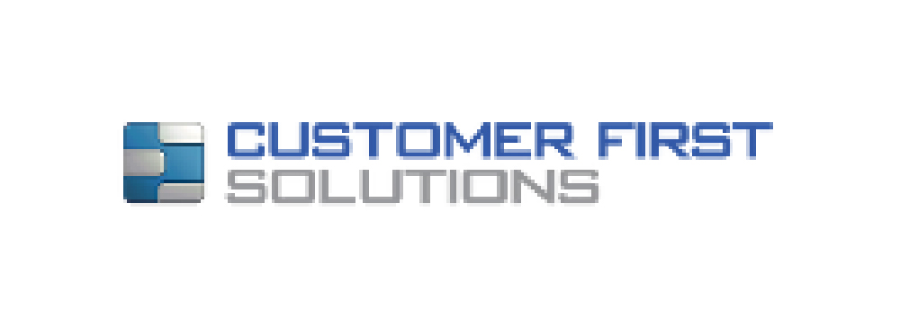 Logo for Customer First Solutions with a stylized blue and silver 3D block design resembling an abstract letter ‘C’ on the left, and text ‘CUSTOMER FIRST SOLUTIONS’ on the right ‘CUSTOMER FIRST’ in blue uppercase letters and ‘SOLUTIONS’ in gray uppercase letters.