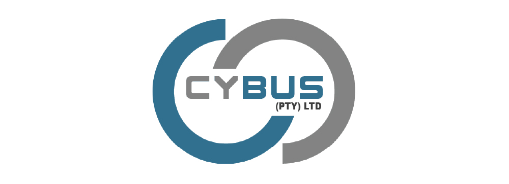 Logo for CYBUS (PTY) LTD featuring two interlocking incomplete circular shapes, one blue and one gray, with the text ‘CYBUS’ centered inside — ‘CY’ in gray, ‘BUS’ in blue and ‘(PTY) LTD’ in smaller black text beneath.