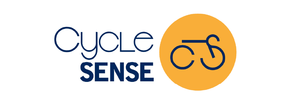 Logo for Cycle SENSE with the word ‘Cycle’ in thin rounded font, ‘SENSE’ in bold uppercase letters, and a circular orange icon on the right containing a minimalist bicycle design.