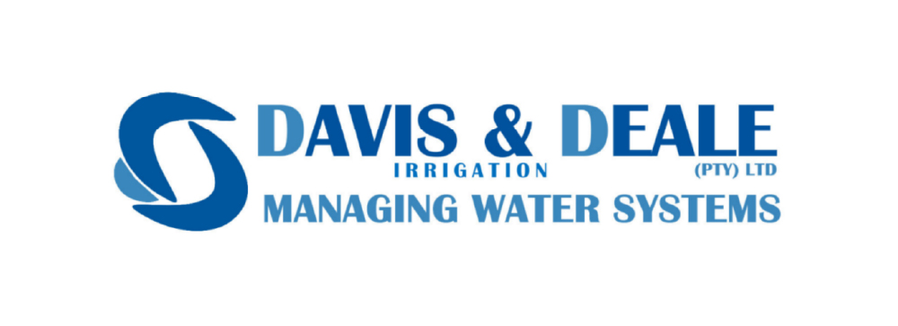 Logo for Davis & Deale Irrigation (PTY) LTD featuring a stylized blue water droplet on the left, bold blue uppercase company name to the right, and tagline ‘MANAGING WATER SYSTEMS’ beneath.