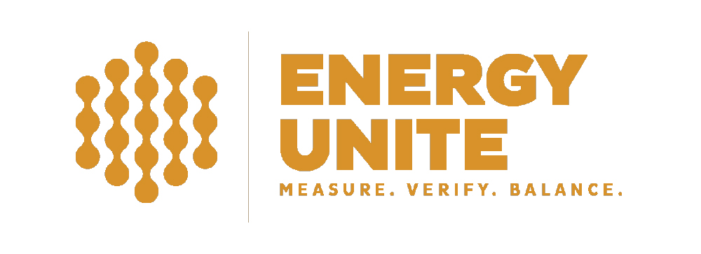 Logo for Energy Unite featuring vertical rows of orange dots in a wave‑like pattern on the left, bold uppercase orange text ‘ENERGY UNITE’ on the right, and tagline ‘MEASURE. VERIFY. BALANCE.’ beneath.