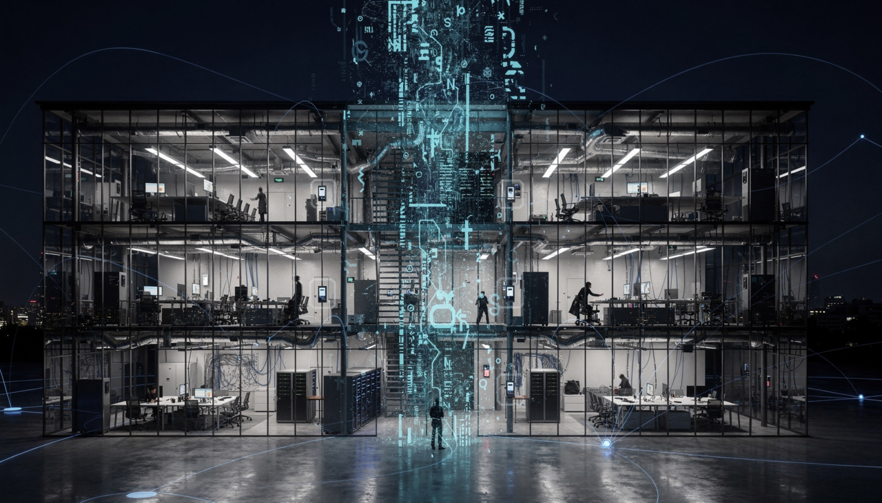 Modern multi story office building at night with transparent glass walls showing workstations and people inside digitally enhanced with a glowing blue overlay of circuit patterns data streams and technological symbols suggesting digital transformation and connectivity.
