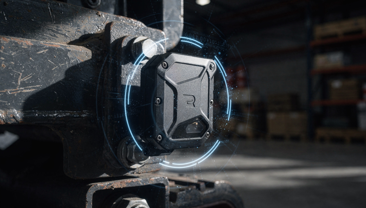 Close‑up of a rugged black industrial sensor mounted on heavy machinery, with a stylized ‘R’ logo on its front panel, surrounded by a glowing circular digital interface of blue and white elements, in a warehouse setting with shelves and boxes in the background.