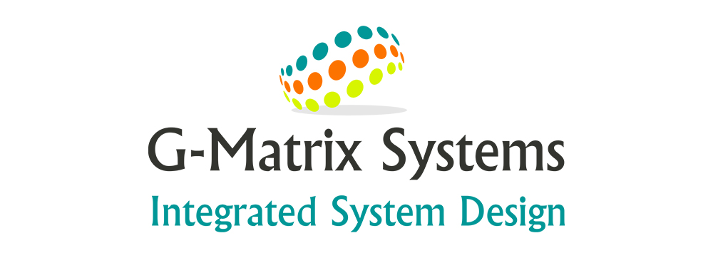 G‑Matrix Systems logo with the words “G‑Matrix Systems” in grey lettering and the tagline “Integrated Systems Design” in light blue beneath. Above the wordmark is a curved arrangement of dots in blue, orange, and green, forming an arched pattern.