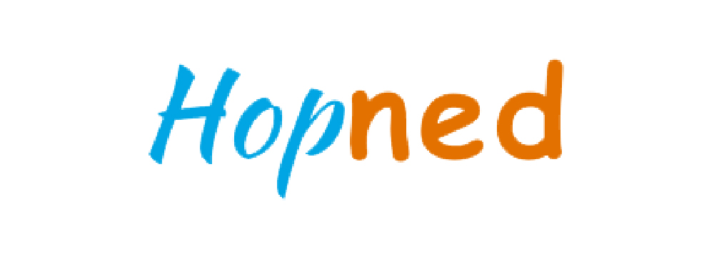 Stylized word ‘Hopned’ with ‘Hop’ in blue cursive font and ‘ned’ in bold orange rounded font, forming a distinctive logo design.