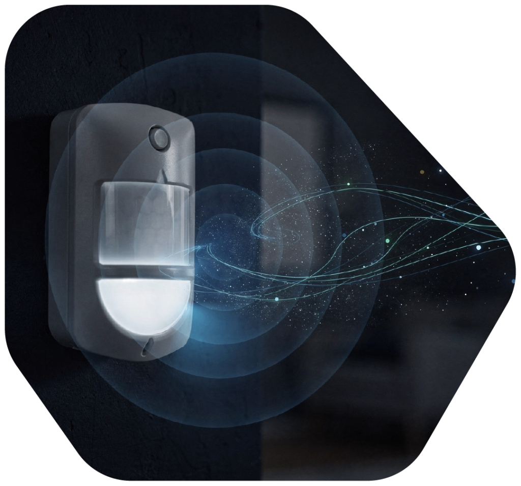 Wall‑mounted motion sensor device in an indoor setting, emitting concentric circles and flowing signal lines with sparkles to represent movement detection.