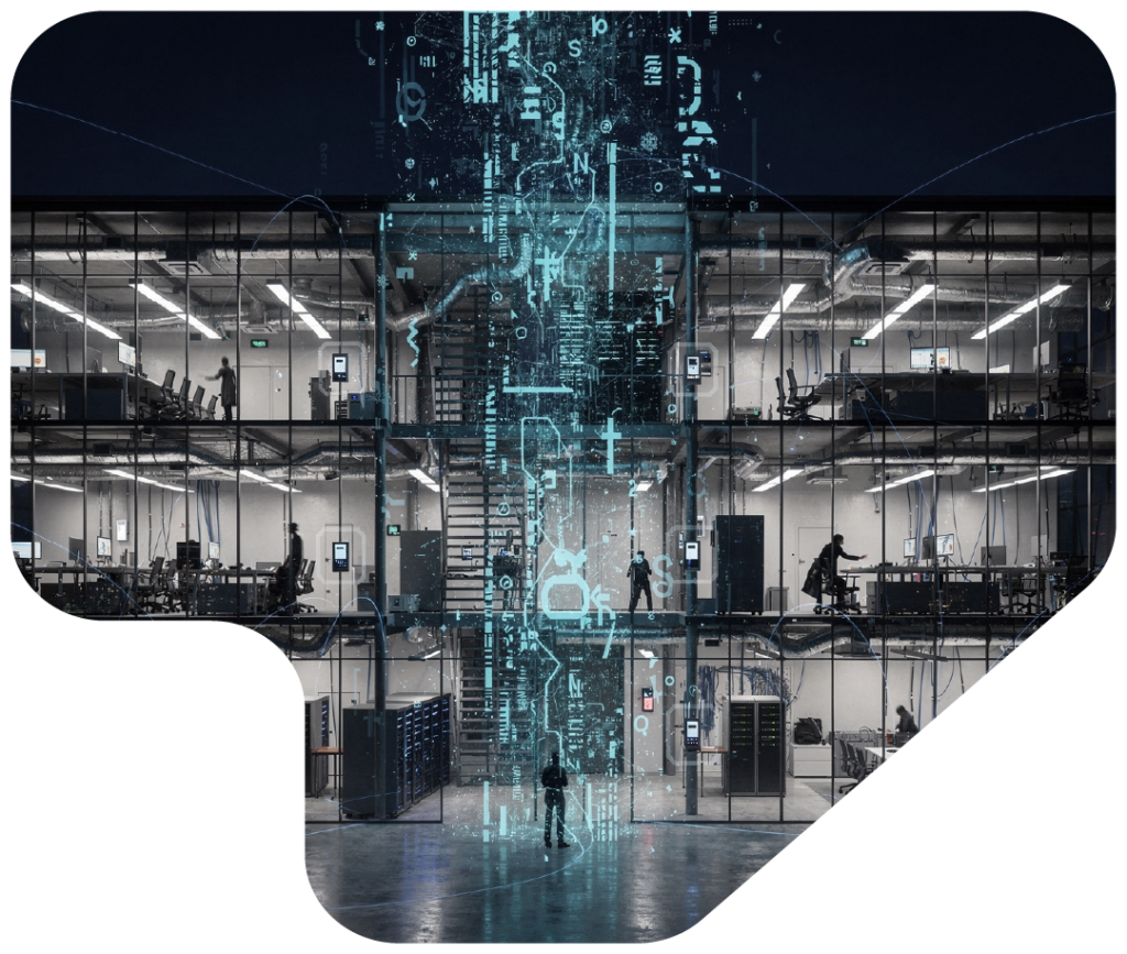 Modern multi story office building at night with transparent glass walls showing workstations and people inside digitally enhanced with a glowing blue overlay of circuit patterns data streams and technological symbols suggesting digital transformation and connectivity.