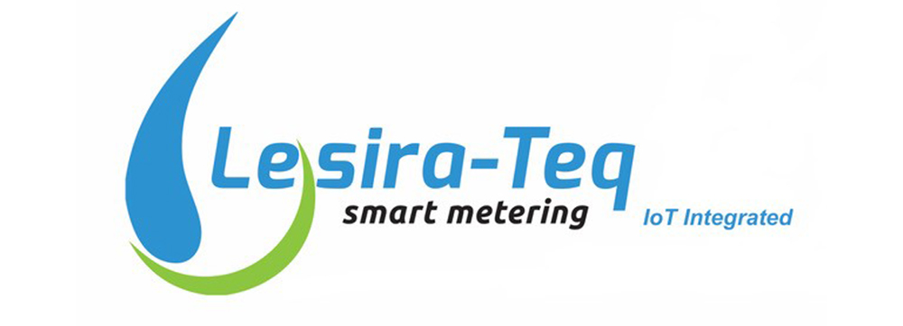 Lesira Teq logo with the words “Lesira Teq” in light blue lettering. Beneath is the tagline “Smart Metering” in black, and beside it the phrase “IoT Integrated” in blue. To the left of the wordmark is the company emblem: a green curved line between the “E” and “S” that connects to a second blue curved line, together forming a drop shape.