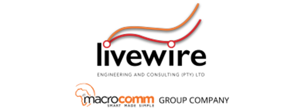Livewire logo with the word “Livewire” in black lettering, where both “i” characters are replaced by circles. From each circle extends a curved line in orange and red, creating a dynamic, flowing effect. Beneath the wordmark is the text “Engineering and Consulting (Pty) Ltd” in black. At the bottom is the Macrocom logo, showing the word “Macro” in black and “com” in orange, with an orange outline of the African continent enclosed in an orange circle beside the “M.” Next to the Macrocom logo is the phrase “Group Company” in black.