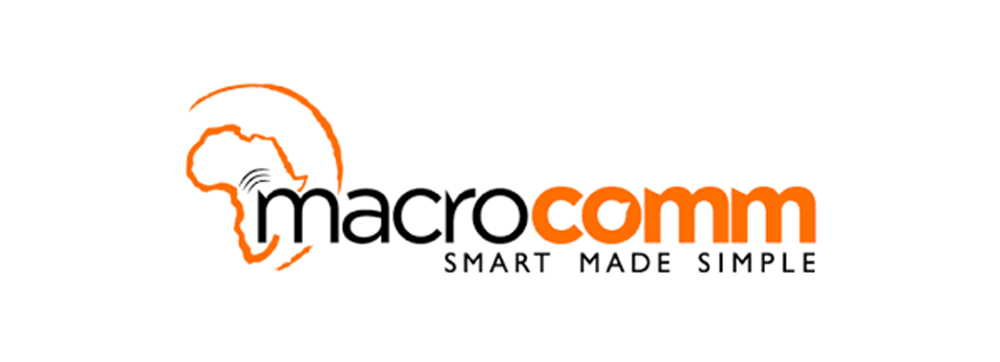 Macrocom logo with the word “Macro” in bold black lettering and “com” in bold orange lettering. Beside the “M” is an orange outline of the African continent, enclosed within an orange circle. Beneath the wordmark is the tagline “Smart Made Simple” in black.