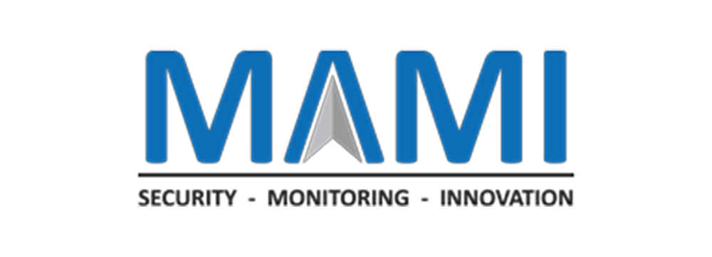 MAMI logo with the letters “MAMI” in bold black, the “A” containing a grey triangular shape, and a solid black line beneath the wordmark. Below the line are the words “Security – Monitoring – Innovation” in black lettering.