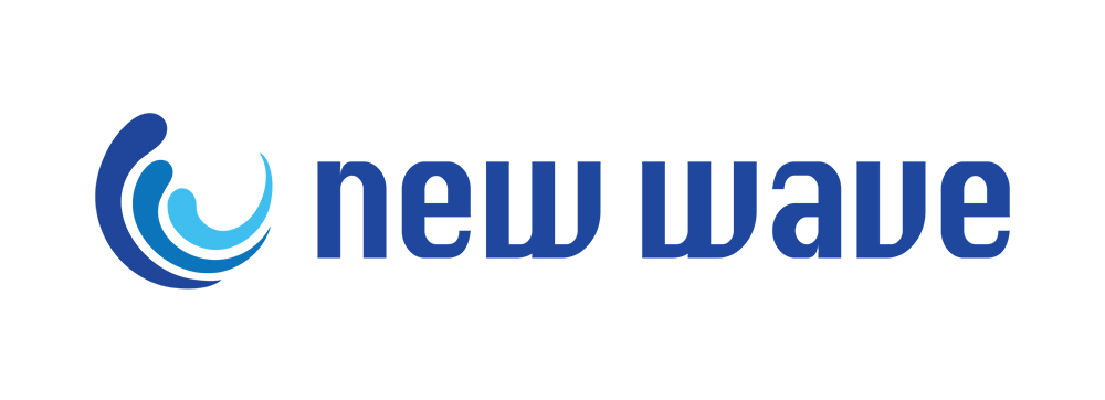 New Wave logo with the words “New Wave” in bold blue lettering, accompanied by three curved lines in dark blue, medium blue, and light blue that form a circular shape.
