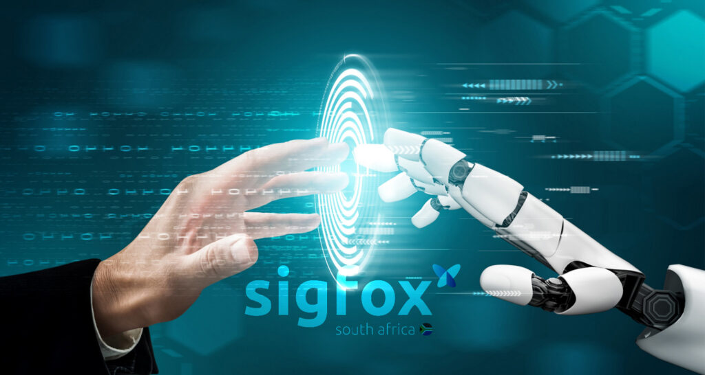 Human hand and robotic hand reaching toward glowing circular interface with digital binary and hexagonal patterns, symbolizing human‑technology collaboration, artificial intelligence, and connectivity, with Sigfox South Africa branding and flag icon below.