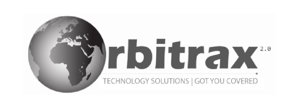 Orbitrax logo with the word “orbitrax” in grey lettering, a small “2.0” positioned at the corner of the word, the tagline “Technology Solutions | Got You Covered” in grey beneath, and a grey planet graphic showing Africa placed alongside the text.