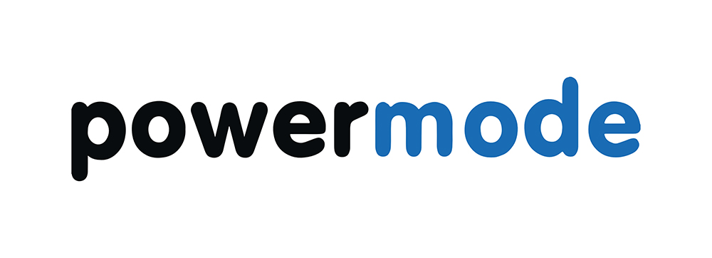 Powermode logo with the word "power" in black and "mode" in blue