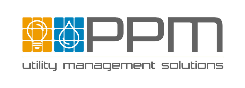Logo for PPM showing grey “PPM” with a yellow light bulb and blue droplet to the left, a yellow line underneath, and “Utility Management Solutions” in grey below the line.