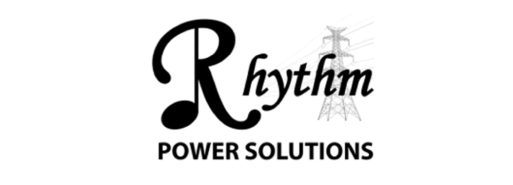 Rhythm Power Solutions logo in black with a stylized “R” resembling a musical note, with a vertical cell tower incorporated behind it.