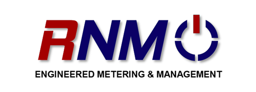 RNM logo with the letters ‘RNM’ in bold, ‘R’ in red and ‘NM’ in dark blue, next to a dark blue power symbol with a red vertical line at the top; below the letters is the text ‘Engineered Metering & Management’ in black.