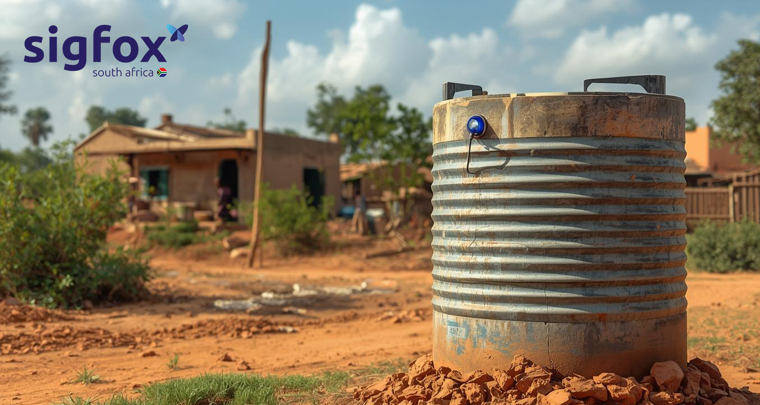 A large metal water tank stands on rocks in a rural area, with a house and trees in the background under a partly cloudy sky. "sigfox south africa" logo appears in the corner.