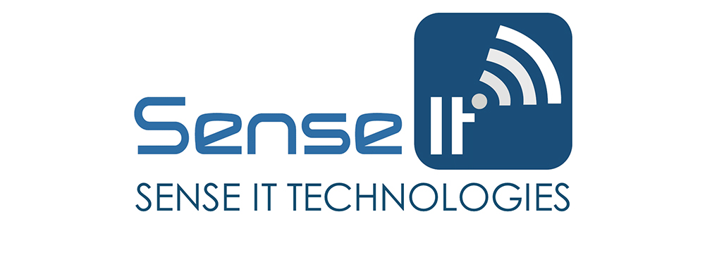 Sense It Logo in blue with a wifi symbol situated above the T in white encased in a blue square with the words "Sense It Technologies" underneath in blue.