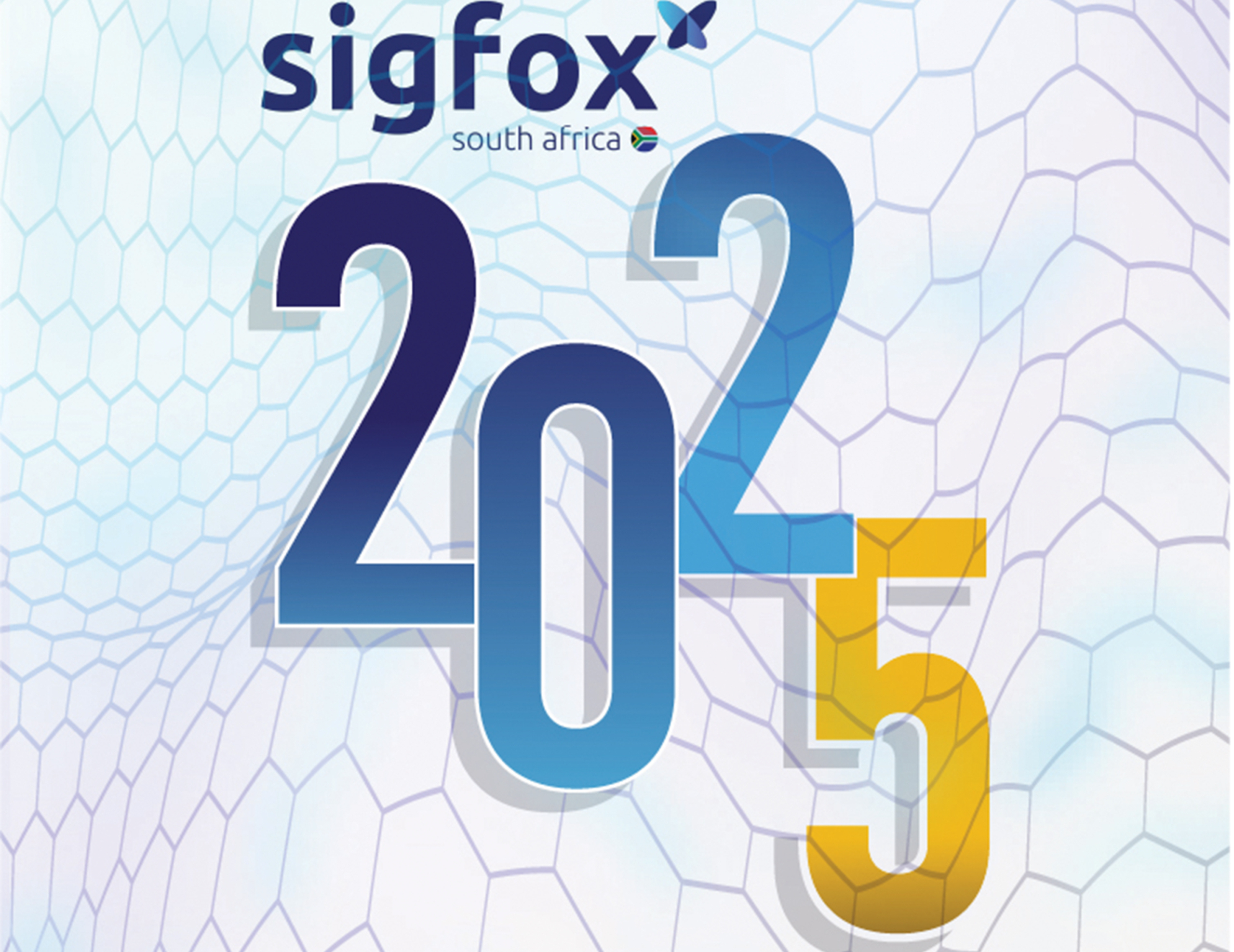 Stylized graphic with 'Sigfox South Africa' text and South African flag icon at top, large gradient numbers '2025' centered over hexagonal mesh background in blue and purple hues, symbolizing future technology milestone.