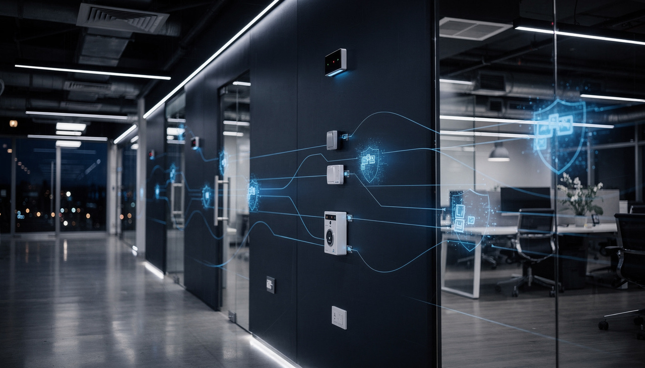 Modern office hallway with glass‑walled rooms, sensors, access panels, and surveillance devices, overlaid with digital shield icons and connected nodes symbolizing cybersecurity and smart workplace infrastructure.