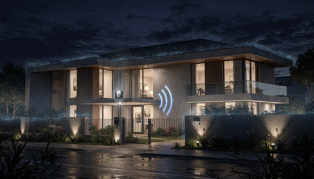 Contemporary two‑story house at night with large glass windows and balconies, illuminated exterior and interior lighting, glowing blue signal icon on the wall symbolizing smart home connectivity, landscaped greenery, and wet street reflecting recent rain.