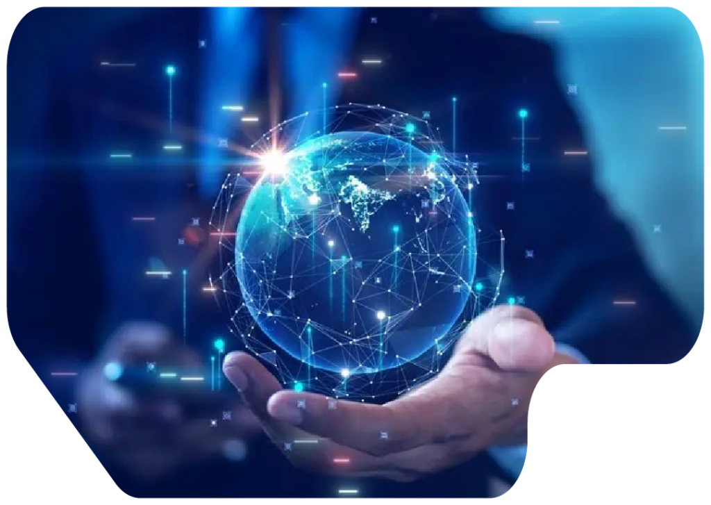 Digitally rendered globe with interconnected nodes and lines symbolizing global connectivity held in the palm of a person’s hand with a blurred suited figure in the background emphasizing glowing dynamic digital elements representing communication technology and data networks.
