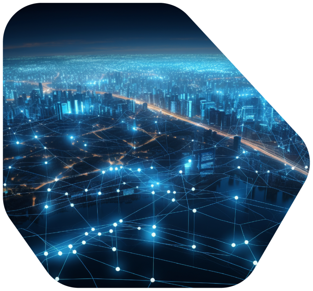 Futuristic cityscape at night illuminated with blue lights densely packed high rise buildings intersected by bright roads overlaid with a digital grid of interconnected nodes and lines symbolizing smart city infrastructure connectivity and data flow.