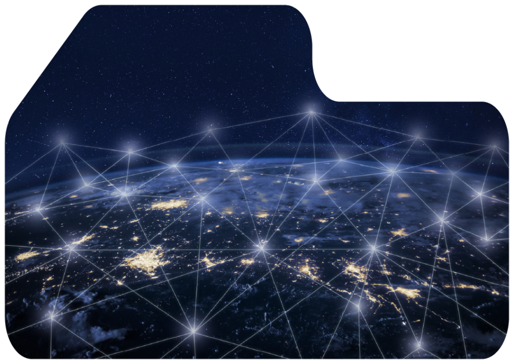 Stylized view of Earth from space at night with illuminated city lights overlaid by a glowing network of interconnected nodes and lines representing global digital connectivity against a star filled sky with a partially transparent background.