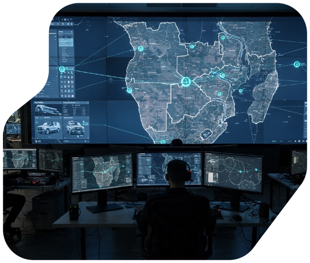 High tech control room with multiple computer monitors and a large wall mounted display showing a digital map of southern Africa highlighting Zambia Zimbabwe Mozambique and surrounding nations with icons and vehicle data individuals seated at workstations monitoring and analyzing information in a dimly lit environment suggesting surveillance security or logistics operations.