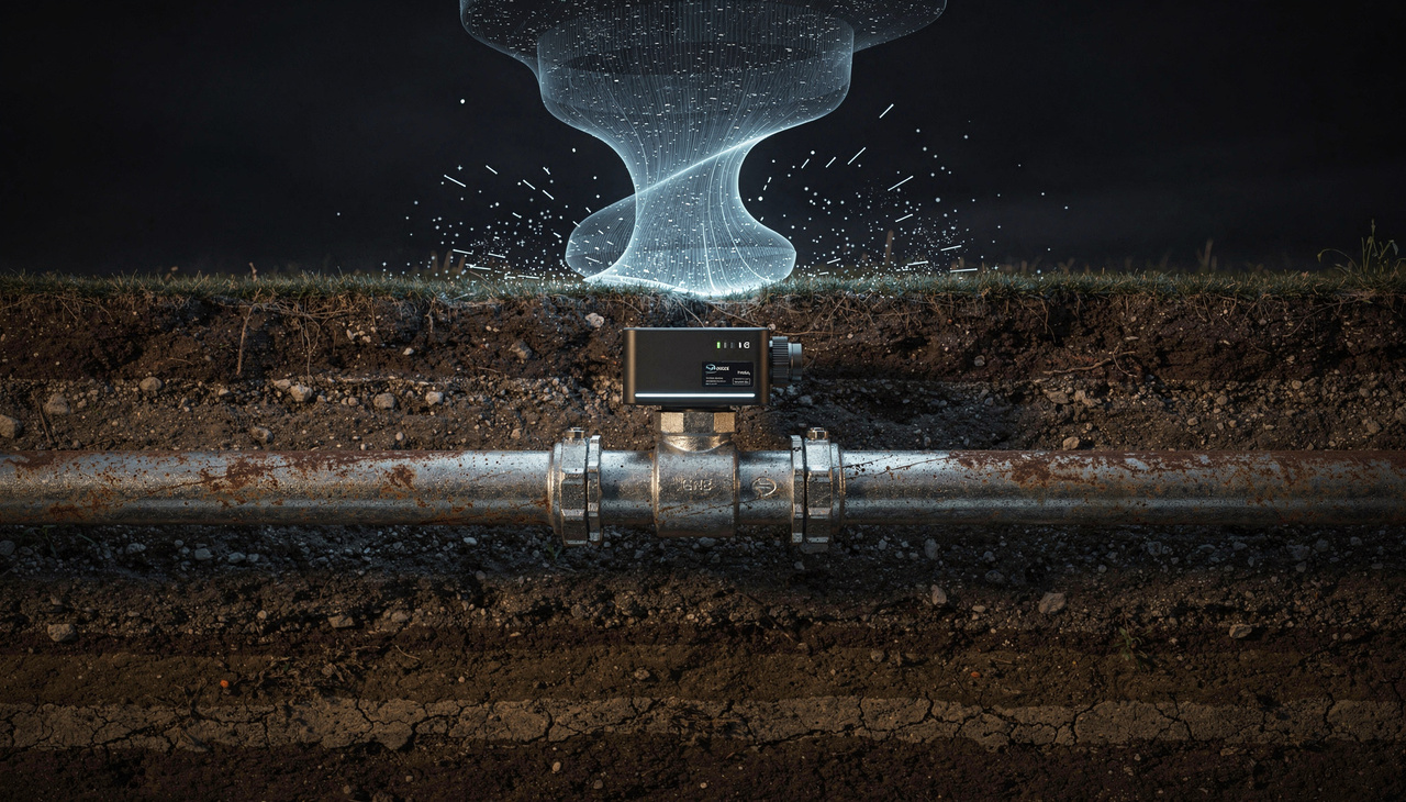 Underground metal pipeline with attached smart sensor labeled 3DMC, overlaid with glowing vortex of particles symbolizing data flow and monitoring for pressure, leaks, or energy transmission.