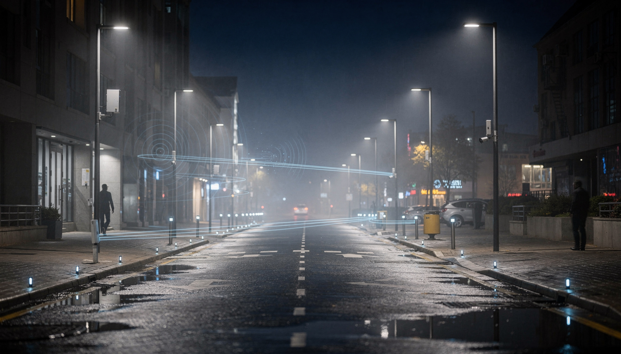Nighttime urban street with wet road reflecting streetlights, pedestrians walking, buildings on both sides, and smart city sensors on poles with blue digital lines and circular wave patterns suggesting connectivity.