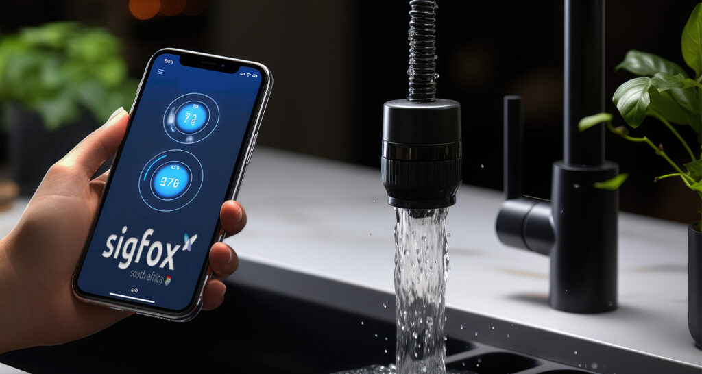 Modern kitchen faucet with water flowing, person holding smartphone displaying gauges at 72% and 97%, with 'Sigfox south Africa' logo and text at bottom of screen, symbolizing smart home water monitoring and IoT connectivity.