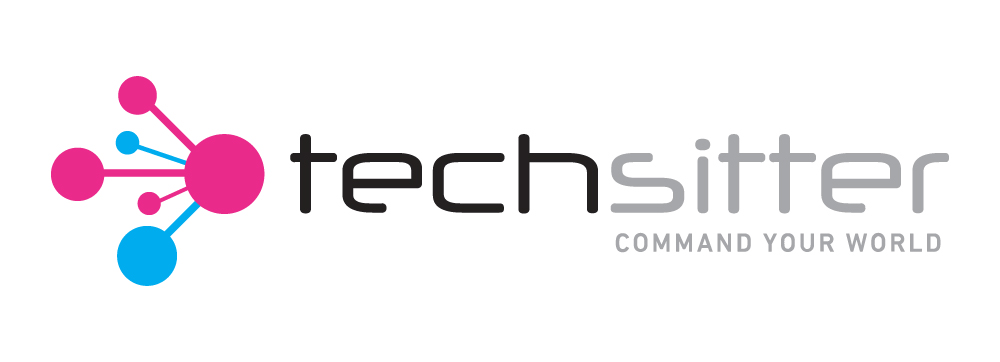 Techsitter logo with “Tech” in black and “Sitter” in grey, the tagline “Command Your World” in grey beneath “Sitter,” and a radial wave symbol next to “Tech” featuring alternating pink and blue lines ending in a pink circle.