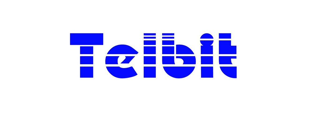 Bold, dark blue telbit logo with white lines cutting through each letter.
