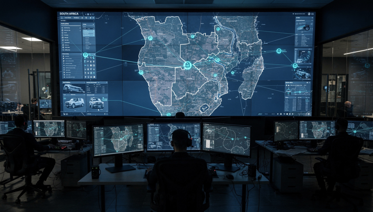 High‑tech command and control center with operators seated at workstations, multiple monitors displaying maps and data, and a large digital wall screen showing a detailed map of southern Africa labeled ‘SOUTH AFRICA,’ overlaid with icons, vehicle images, and connected data points.