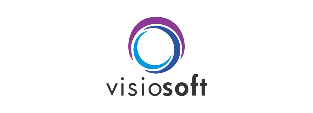 Visiosoft logo in dark grey with a singular light blue, dark blue and purple circular logo above the text "visiosoft".