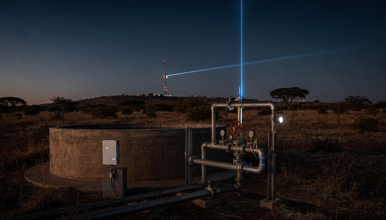 Rural landscape at dusk with a concrete water tank, pipes, gauges, and control box in the foreground, connected by a blue laser beam to a communication tower with red lights on a hill in the background.