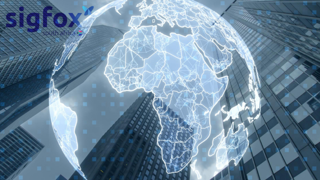 Digital illustration of Earth highlighting Africa with interconnected network lines, modern skyscrapers in the background, and the Sigfox South Africa logo in the left‑hand corner.