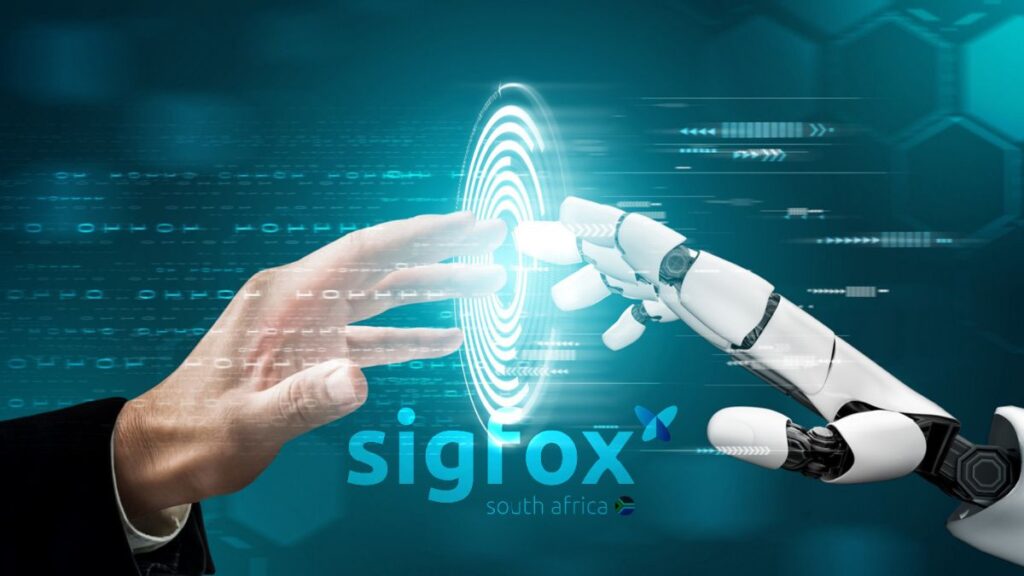 Human hand reaching toward robotic hand with glowing circular interface between them, binary code background, and the Sigfox South Africa logo with butterfly and South African flag in the bottom center.